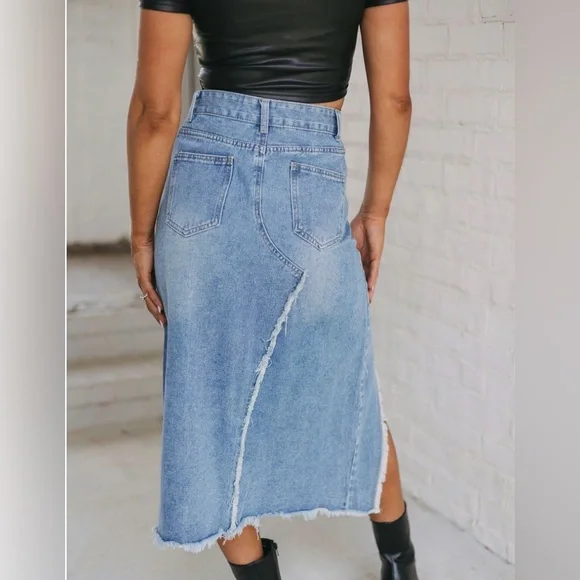 Veveret Frayed Slit Asymmetric Denim Midi Skirt  Sz M - Picture 10 of 12